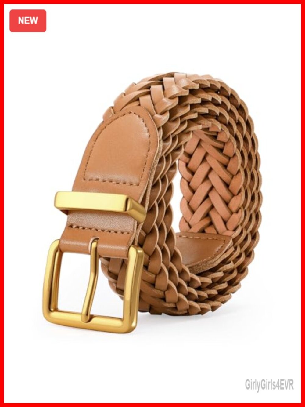 Braided Woven Leather Belt with Gold Buckle, Hole-Free Design for Women